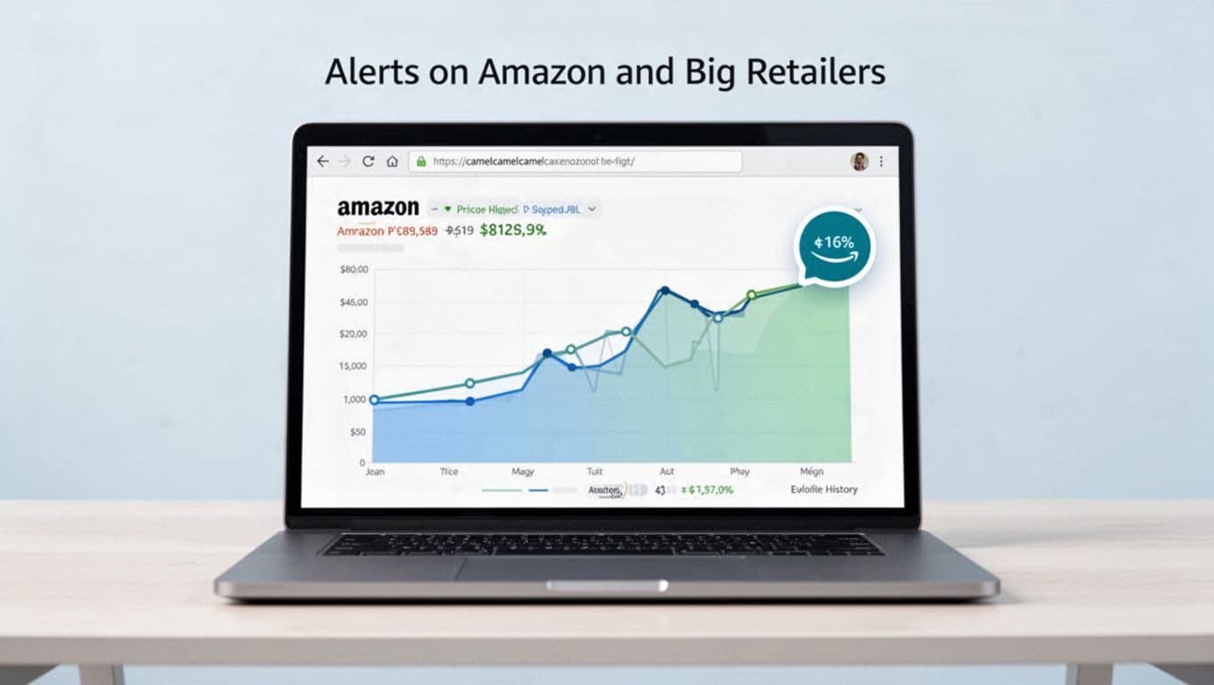 Browser window on a desk displaying a simplified Amazon product price history chart with hover effect on price notification icon, in modern illustration style using blues and greens on light background.