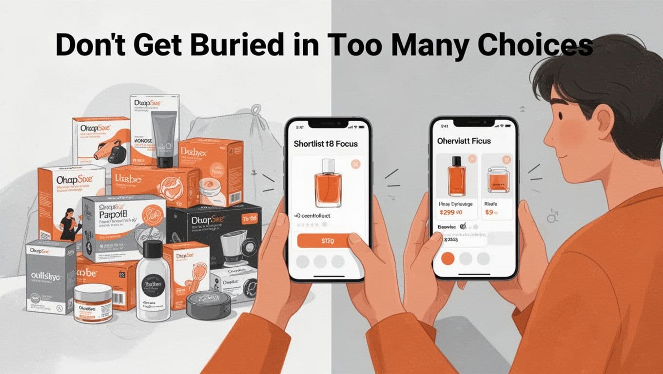 A person avoids a chaotic pile of product options by focusing on a shortlist of three items on their phone screen. Modern illustration featuring clean shapes, orange-gray palette, and split composition contrasting overwhelm with focus.
