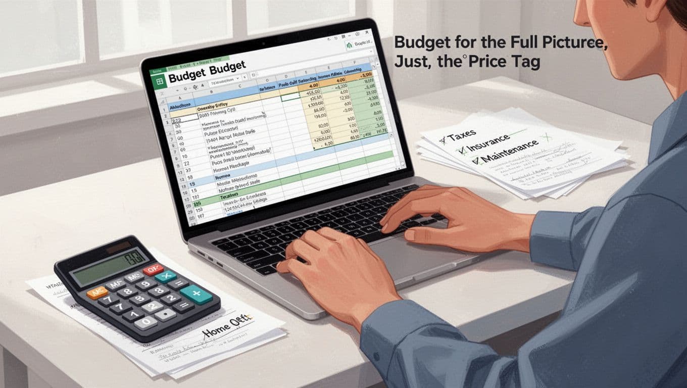 Modern illustration of a person at a desk reviewing a budget spreadsheet on a laptop with calculator and notes listing taxes, insurance, and maintenance in a home office setting. Close-up on hands and angled screen with clean shapes, neutral palette, and bright daylight lighting, no readable text.
