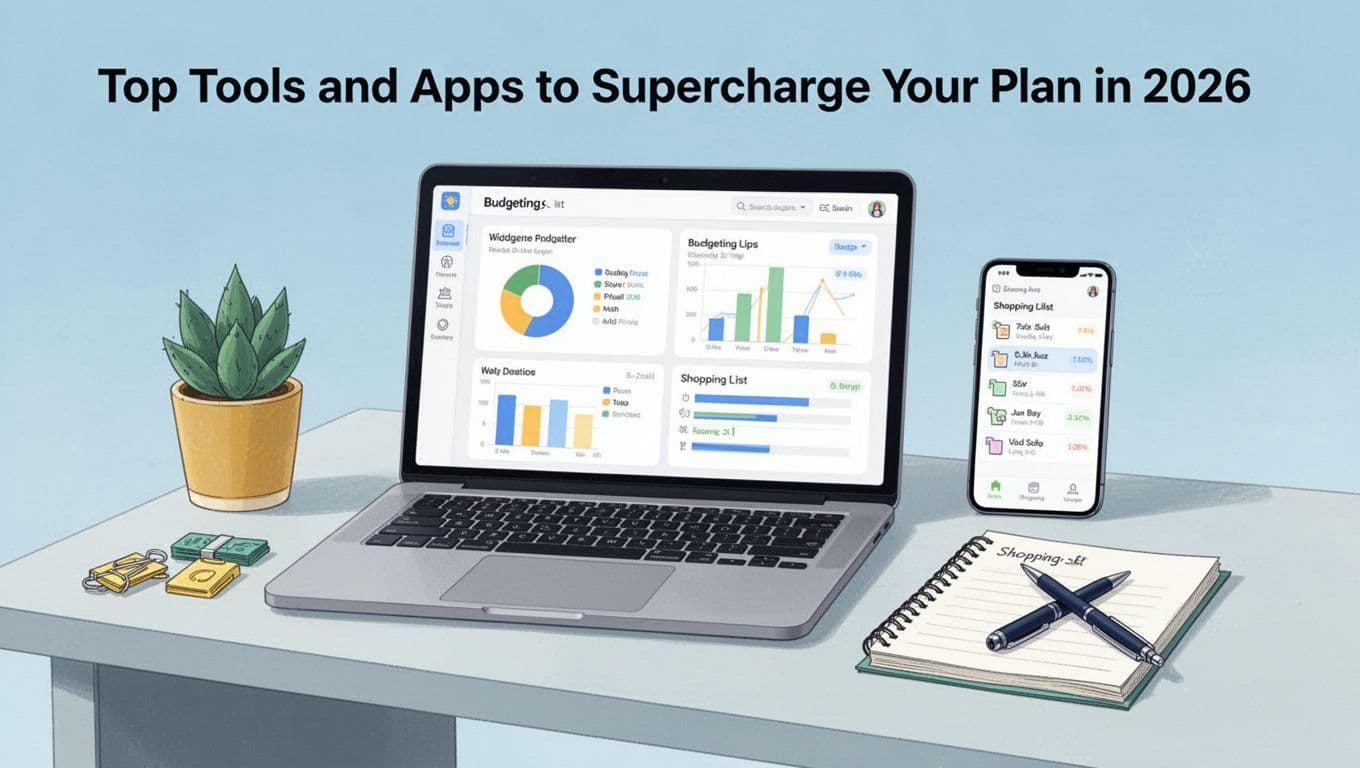 Modern illustration of a laptop with budgeting app charts, phone showing shopping list, notepad and pen on a desk in a cozy workspace, focused on financial tracking tools.