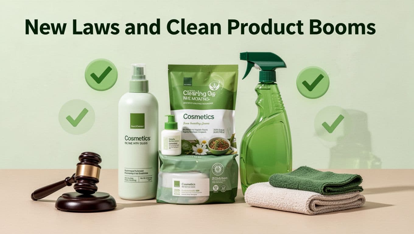 Modern illustration of stacked cosmetics bottle, food package, cleaning spray, and fabric swatch with green checkmark icons and subtle law gavel symbols on a neutral surface.