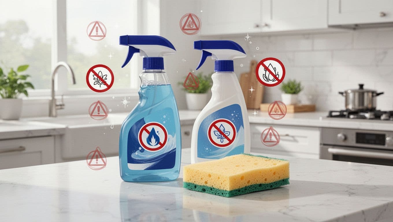 Modern illustration featuring two spray bottles and one sponge on a kitchen counter with subtle red warning icons overlaying hidden phthalates in fragrances. Bright natural kitchen lighting, clean shapes, strong composition, no people, text, logos, or watermarks.