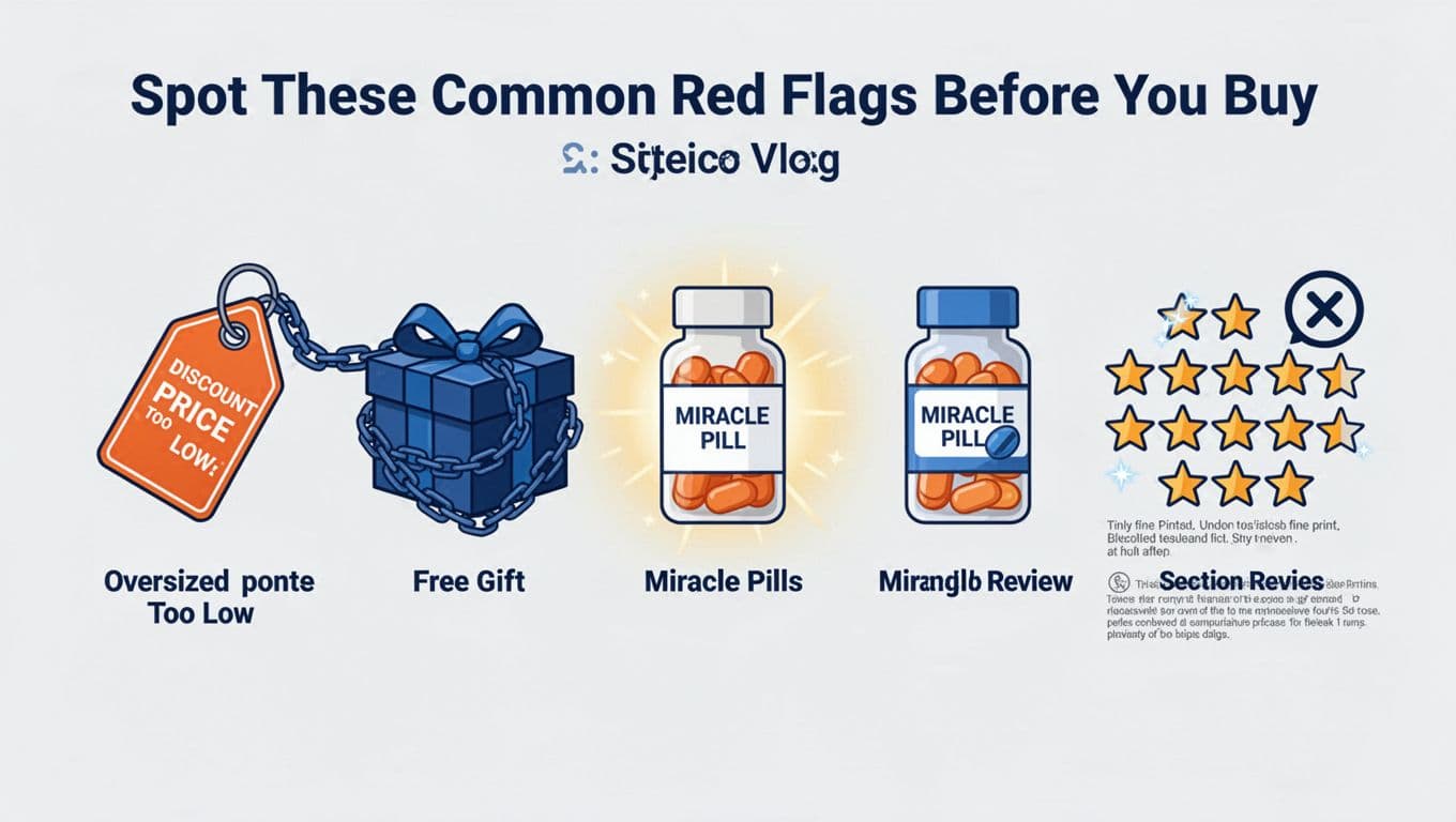 Modern flat illustration featuring five key product scam red flags: oversized discount tag, chained free gift, glowing miracle pill, suspicious five-star reviews, and tiny fine print, arranged horizontally in blues and oranges.