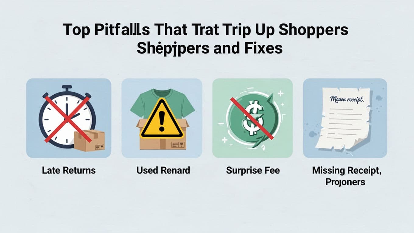 Modern illustration in clean shapes with soft blues, greens, and neutrals on a light background, featuring a horizontal row of four simple icons depicting common return pitfalls: late clock with crossed out return box, used item with warning sign, surprise fee symbol, and missing receipt torn paper.