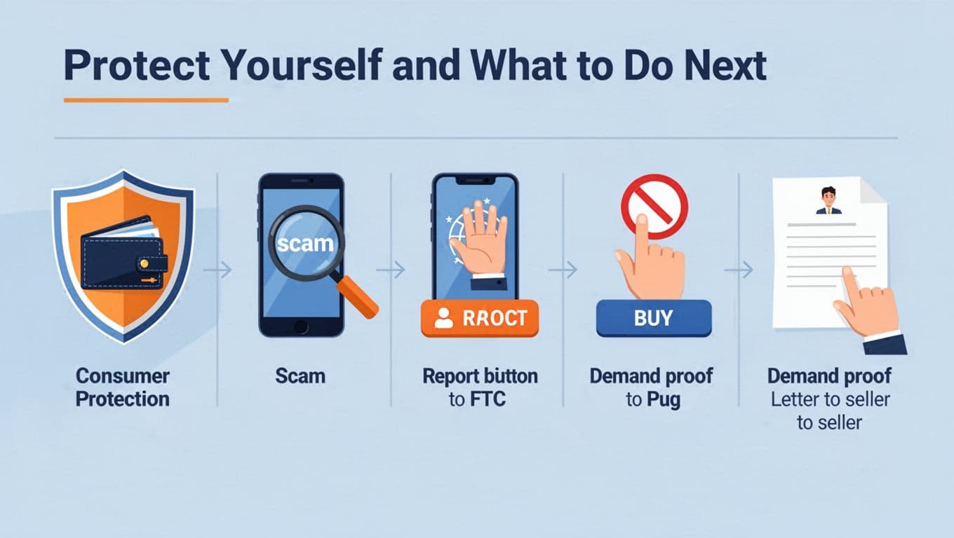 Modern flat illustration of five key actions against fake product claims: shield protecting wallet, magnifying glass checking scam on phone, reporting to FTC, pausing before buy button, and demanding proof from seller, in a horizontal step-by-step flow using blues and oranges.