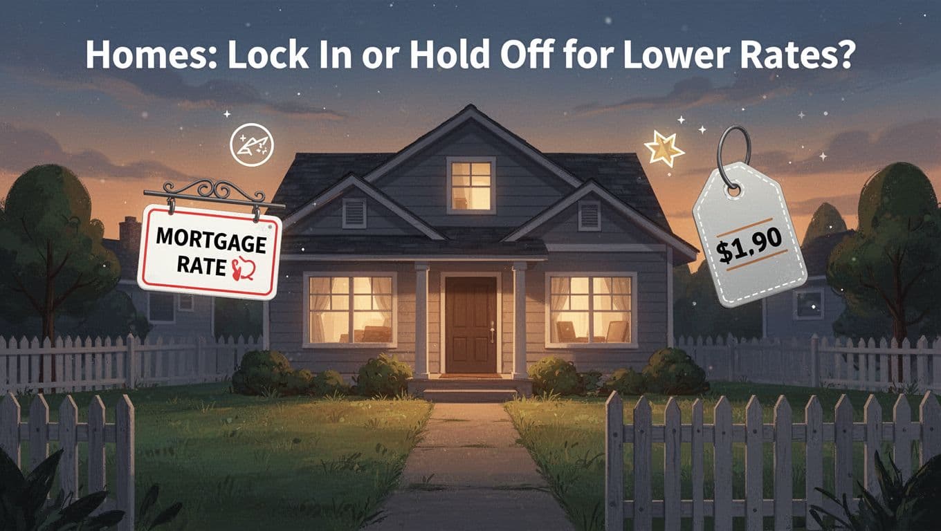 Cozy suburban house exterior at dusk with a subtle mortgage rate sign and price tag floating nearby, green lawn, picket fence, in modern illustration style with clean shapes and warm orange-blue palette.