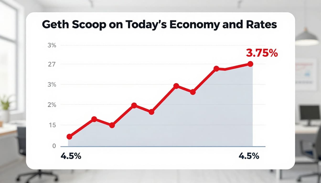 Simple modern illustration of a dashboard in a clean office setting displaying inflation gauge at 3%, interest rate meter at 3.75%, and unemployment bar at 4.5%, with wall charts and neutral color palette.