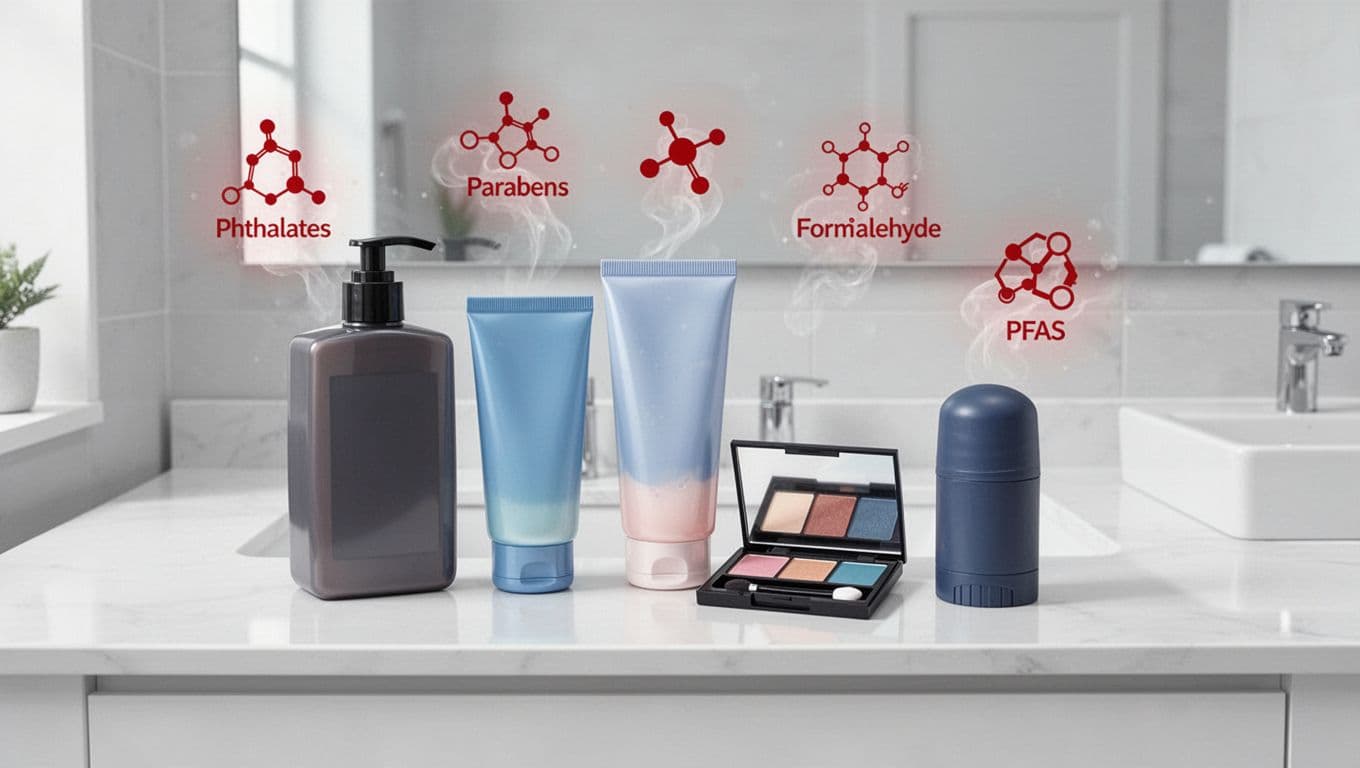 Illustration of common beauty products including shampoo, lotion, eyeshadow palette, and deodorant on a white vanity top, with subtle red warning icons for phthalates, parabens, formaldehyde, and PFAS.
