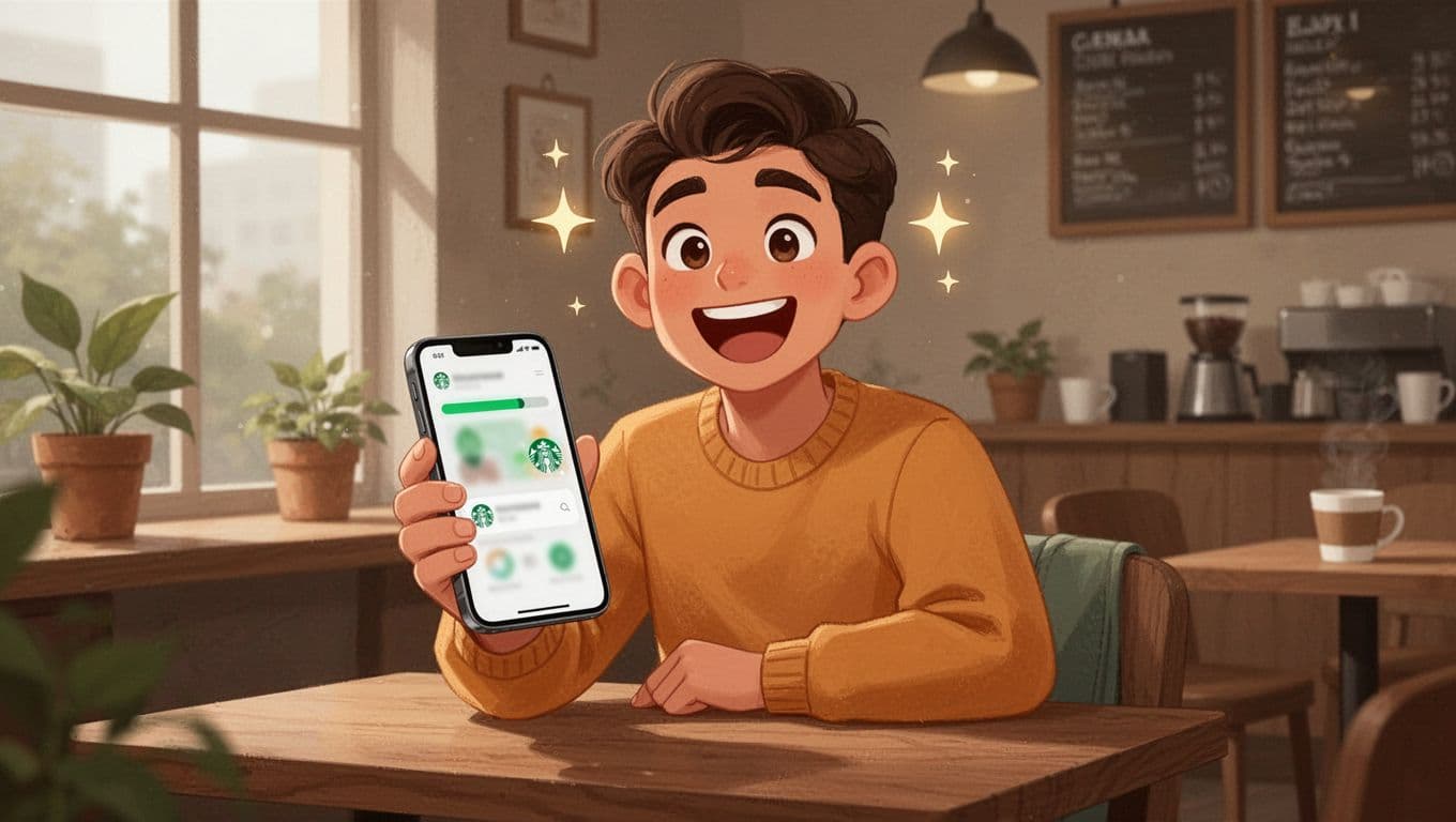 Modern illustration of a happy customer sitting in a cozy coffee shop, holding a smartphone with a blurred rewards app showing progress bar and badges, wide smile and sparkling eyes.