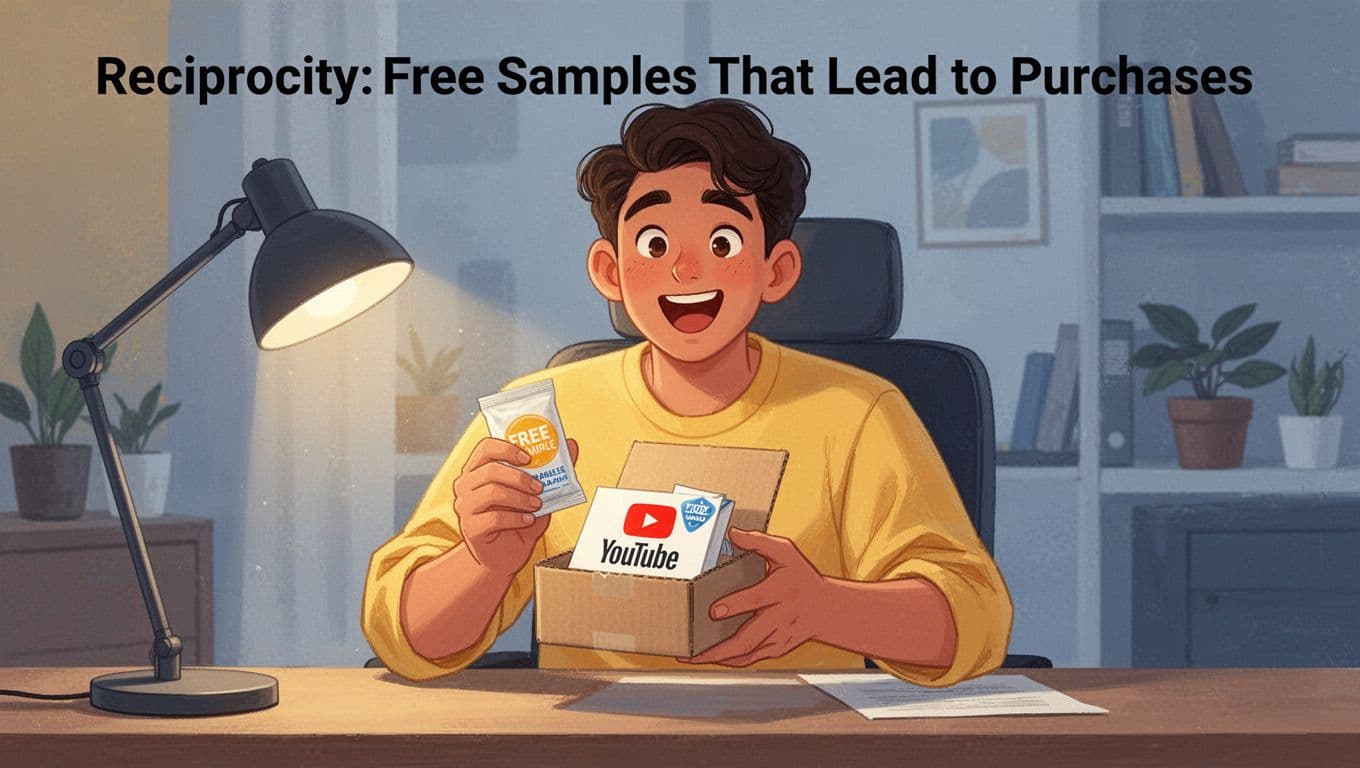 One person in a casual home office unboxes a small free sample box with a delighted, curious expression, holding it in one hand while the other relaxes. Modern illustration in clean shapes with warm yellows and blues, soft desk lamp lighting focusing on the box and face.