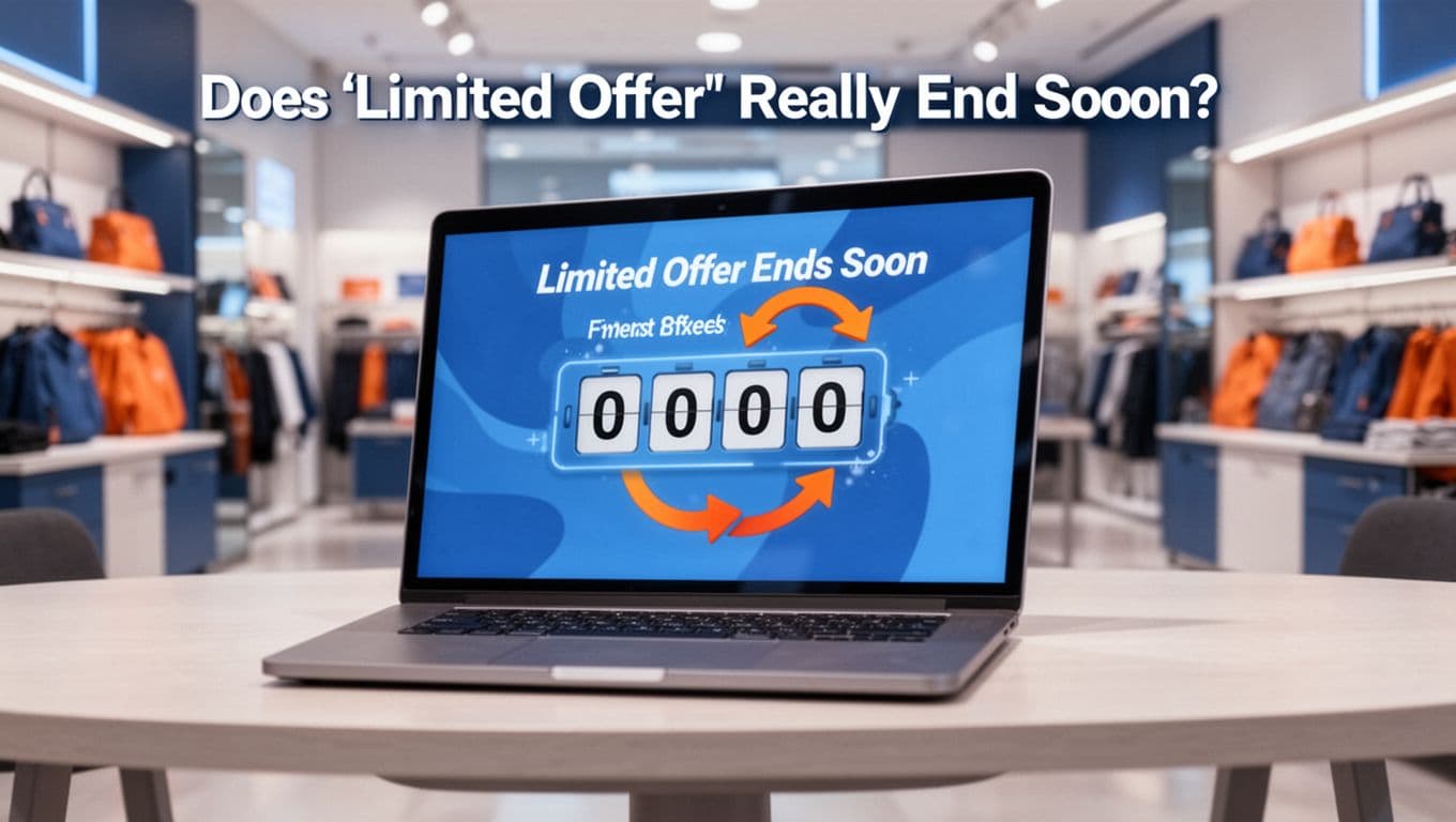 Illustration of a laptop screen showing a product with a countdown timer labeled 'Limited Offer Ends Soon' and a subtle looping arrow that resets it, placed on a desk in a modern retail setting. Features clean shapes, blue and orange color palette, strong focus on the screen with soft lighting.