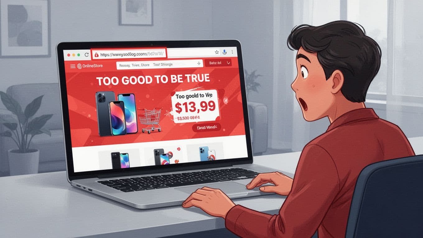 Modern illustration of a laptop screen showing a suspicious fake online store with cheap electronics deal and misspelled URL, surprised shopper at home office desk.