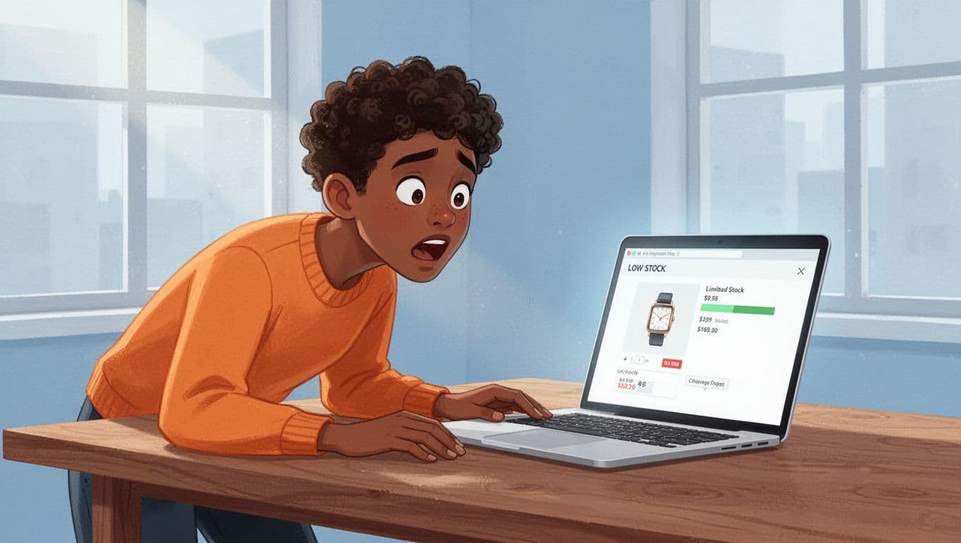 Modern illustration of a diverse shopper leaning forward with wide eyes toward a laptop showing a subtle low-stock indicator on an e-commerce page, evoking FOMO in a bright room with soft blues and urgent oranges.