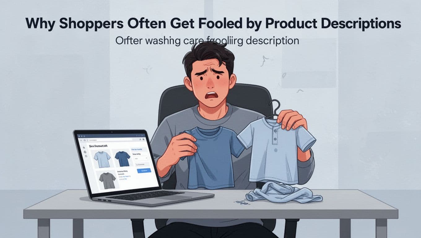 Illustration of a frustrated shopper at a desk with a laptop showing a product page, holding a small shirt that shrunk after washing, in modern style with blues and grays.