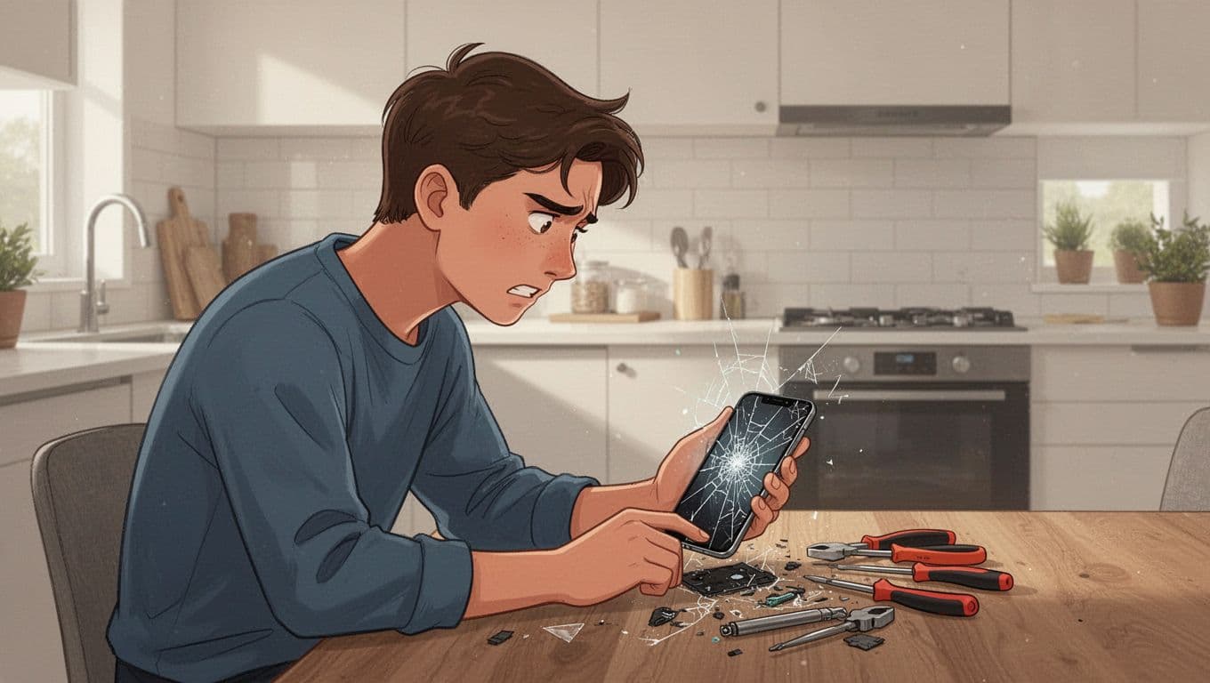 Illustration of a frustrated young adult sitting at a kitchen table staring at a broken smartphone screen with repair tools nearby in a modern kitchen setting, side view focusing on expression and device.