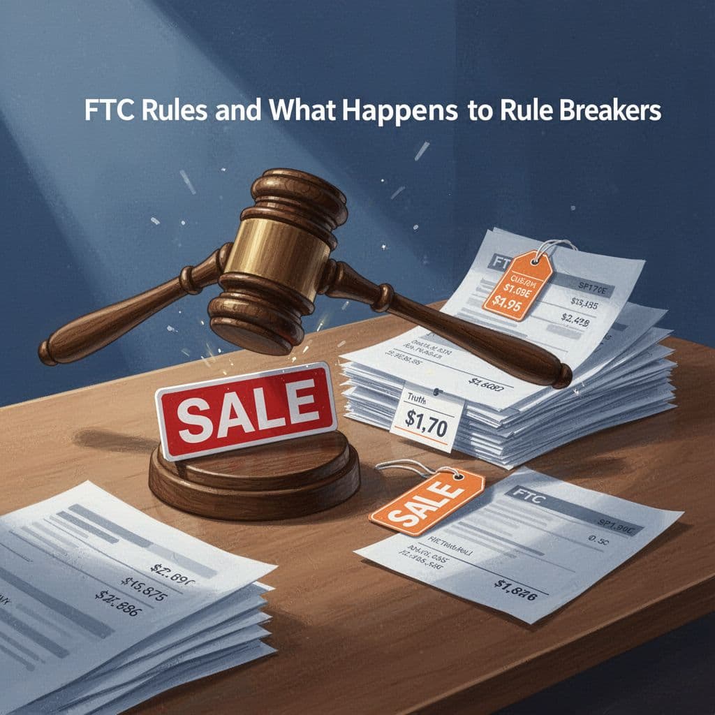 Illustration of a wooden gavel striking a fake 'SALE' sign next to truthful price tag documents on a desk with neatly stacked papers. Modern style with blue and orange palette, symbolizing FTC enforcement against deceptive sales claims.