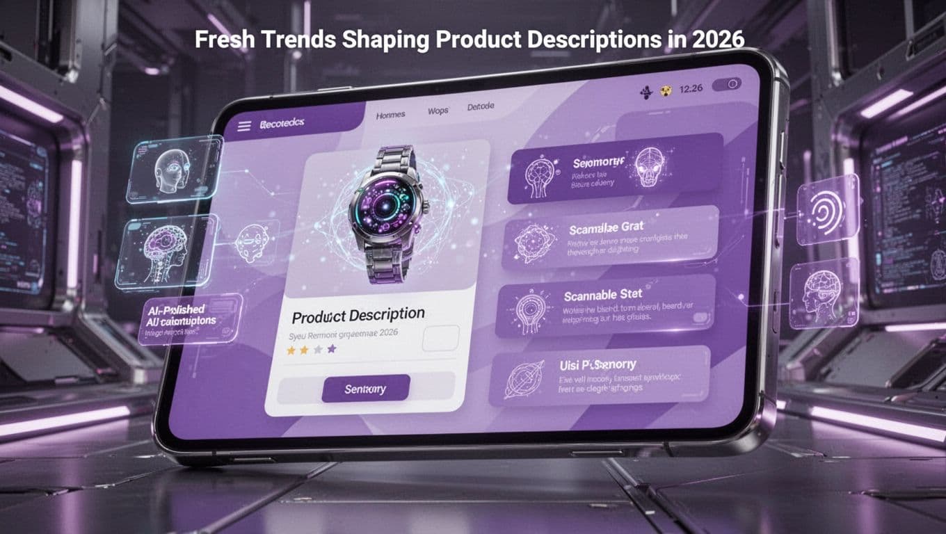 Futuristic illustration of an AI-enhanced product description page on a screen with sensory icons and scannable sections, modern clean shapes, vibrant controlled palette in purples and silvers, strong dynamic composition, no people, focus on page elements, no readable text, no logos.