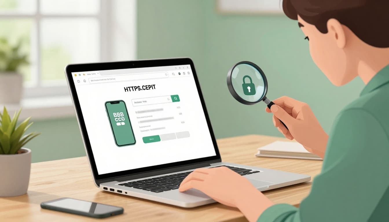 Modern illustration of a person at a wooden desk using a magnifying glass to closely inspect the URL and HTTPS padlock in a laptop browser address bar, with a nearby phone showing blurred BBB search results in a home office setting.