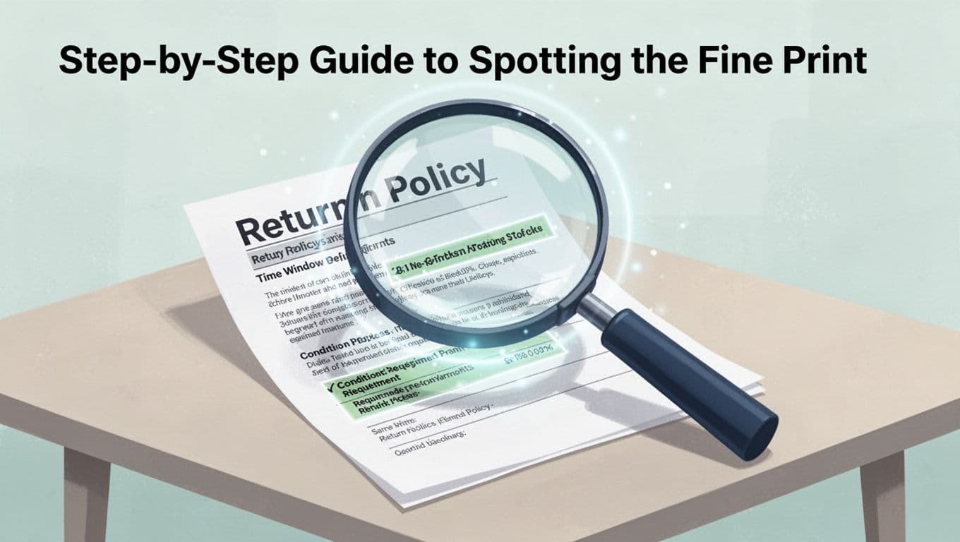 Modern illustration featuring a large magnifying glass hovering over a detailed return policy document on a table, highlighting key sections like time window, conditions, and refund process with subtle glow effects in soft blues, greens, and neutrals on a light background.