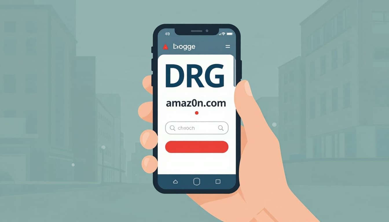 Modern illustration featuring a hand holding a smartphone displaying a suspicious URL like amaz0n.com in the browser with a red warning indicator, in an urban setting using muted blues and greens.