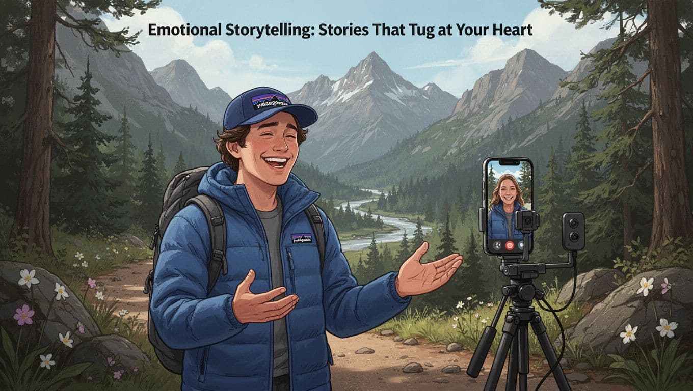 A single Patagonia employee on a mountain trail shares a personal story via smartphone vlog, with genuine warm smile and relaxed gesture, in modern illustration with earth tones and natural light.