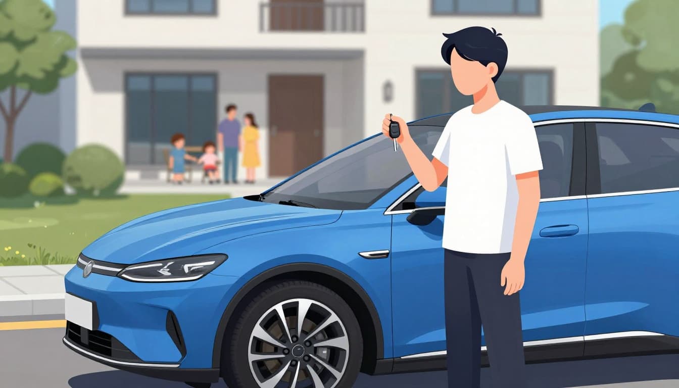 A person stands relaxed next to a shiny new car in the driveway, holding keys loosely, with a family home in the background. Modern illustration in clean shapes, vibrant blue-silver palette, daylight lighting.