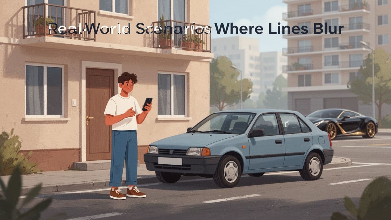 Modern illustration of one person standing relaxed outside a modest apartment building, holding a simple smartphone next to a basic used car on a city street, with subtle blurred luxury elements like a fancy car in the distance.