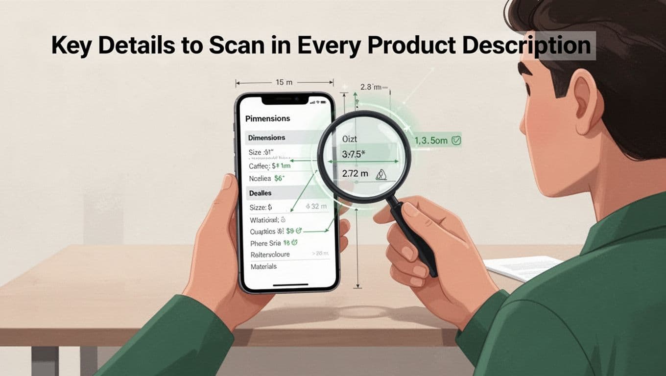 Modern illustration of a person examining product specifications like dimensions and materials on a phone screen with a magnifying glass effect, using clean shapes and a neutral palette with green accents.