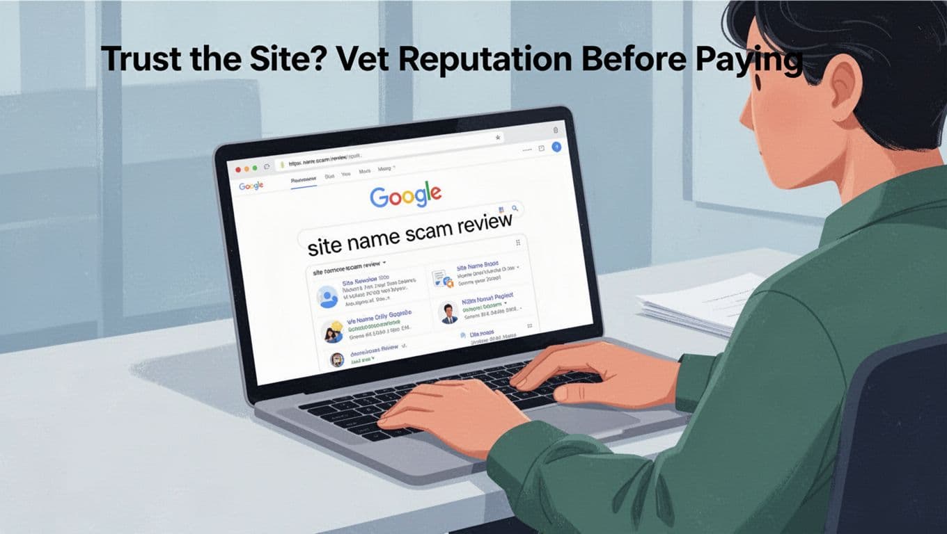 Modern illustration of a person at a desk using a laptop to search Google for 'site name scam review', with search results on screen. Features clean shapes, muted blues and greens, strong composition, relaxed pose, soft office lighting, and simple background.