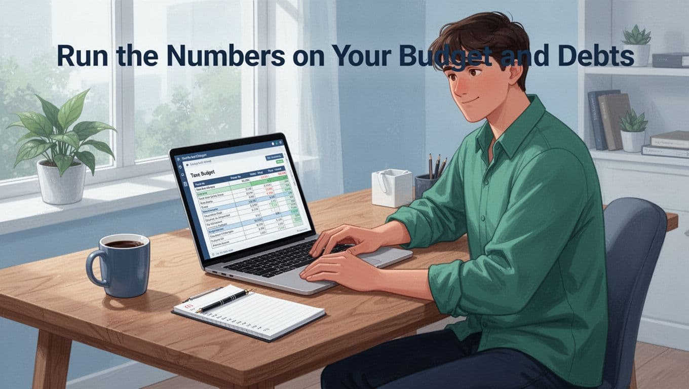 A person sits relaxed at a wooden desk in a bright home office, calculating budget on a laptop and notepad with a coffee mug nearby, in a modern illustration style.