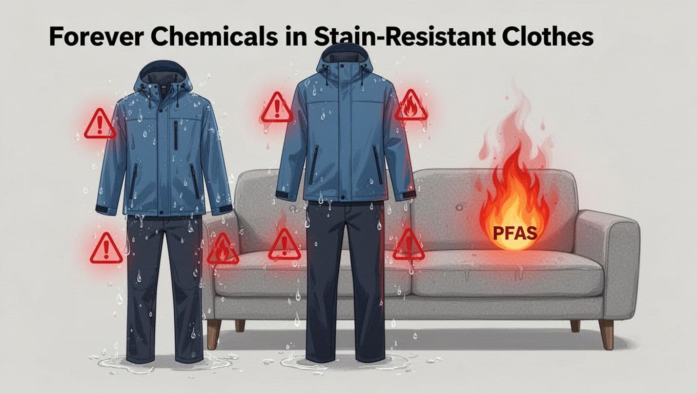 Modern illustration of a stain-resistant rain jacket, water-repellent pants, and upholstered sofa on a neutral background with subtle red glowing warning icons for PFAS and flame retardants emerging from the fabrics.