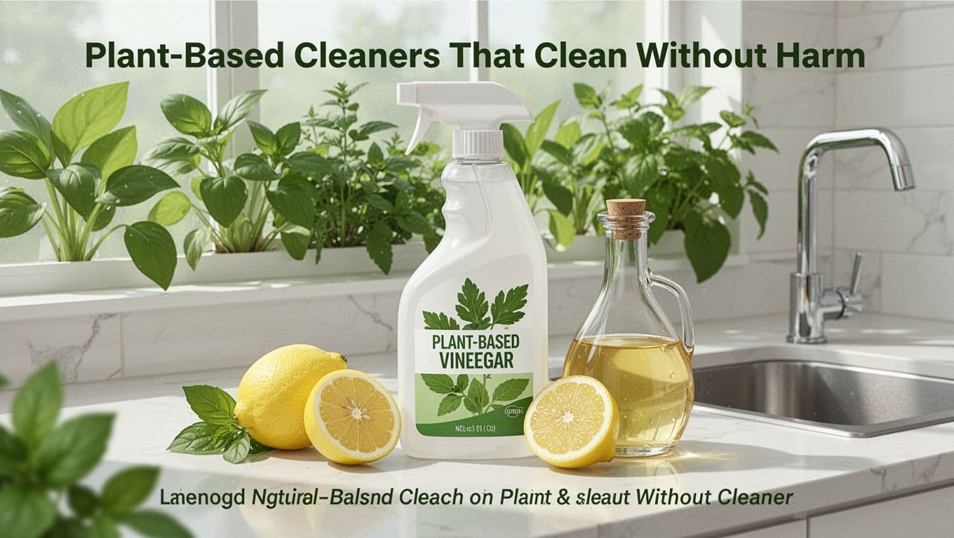 Modern illustration featuring a bottle of plant-based cleaner alongside lemon and vinegar ingredients in a kitchen sink setting with fresh green plants and bright daylight.