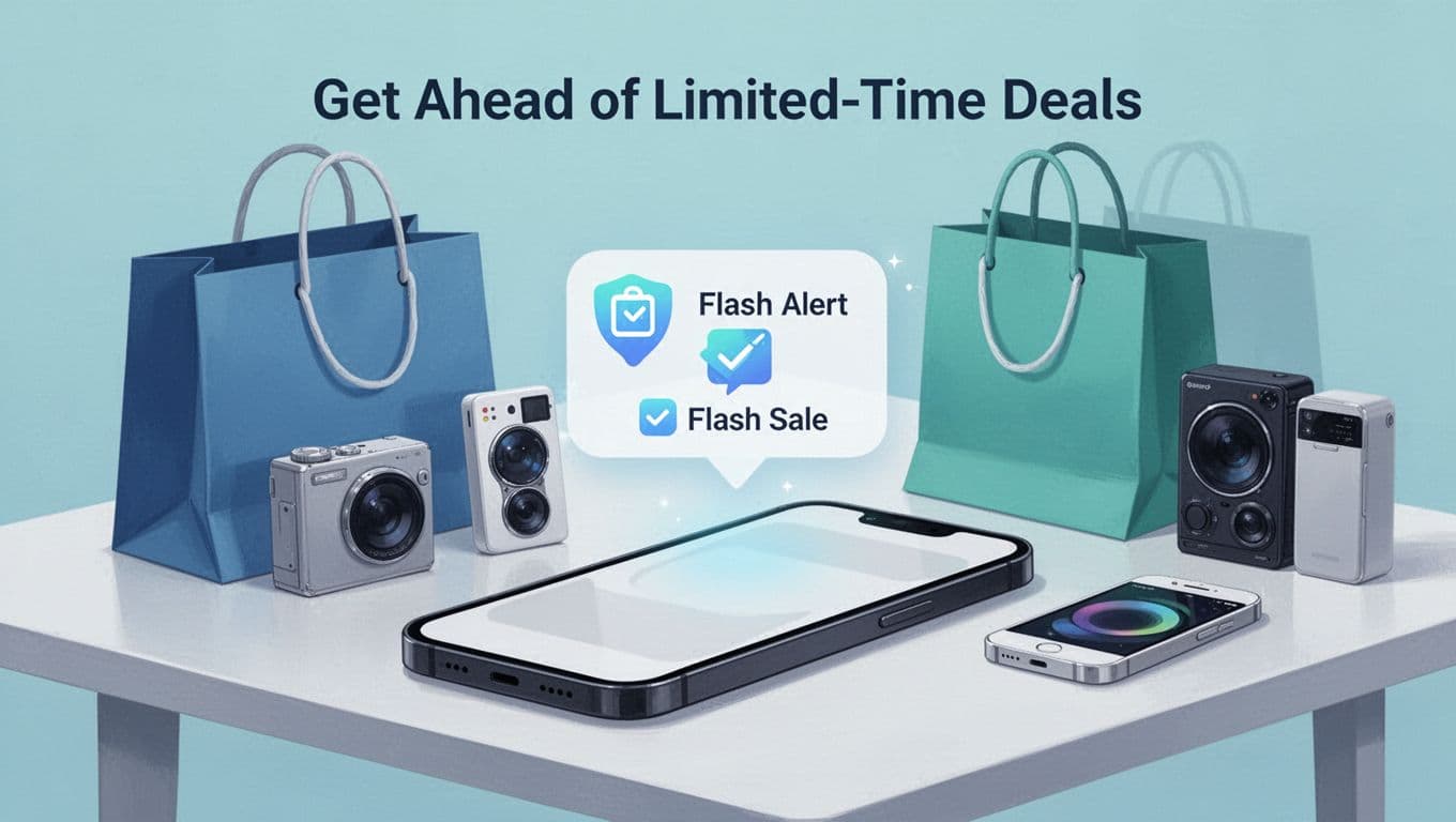 Illustration of a smartphone displaying a price alert notification for a flash sale, resting on a table beside shopping bags and electronics in a modern blue-green style.