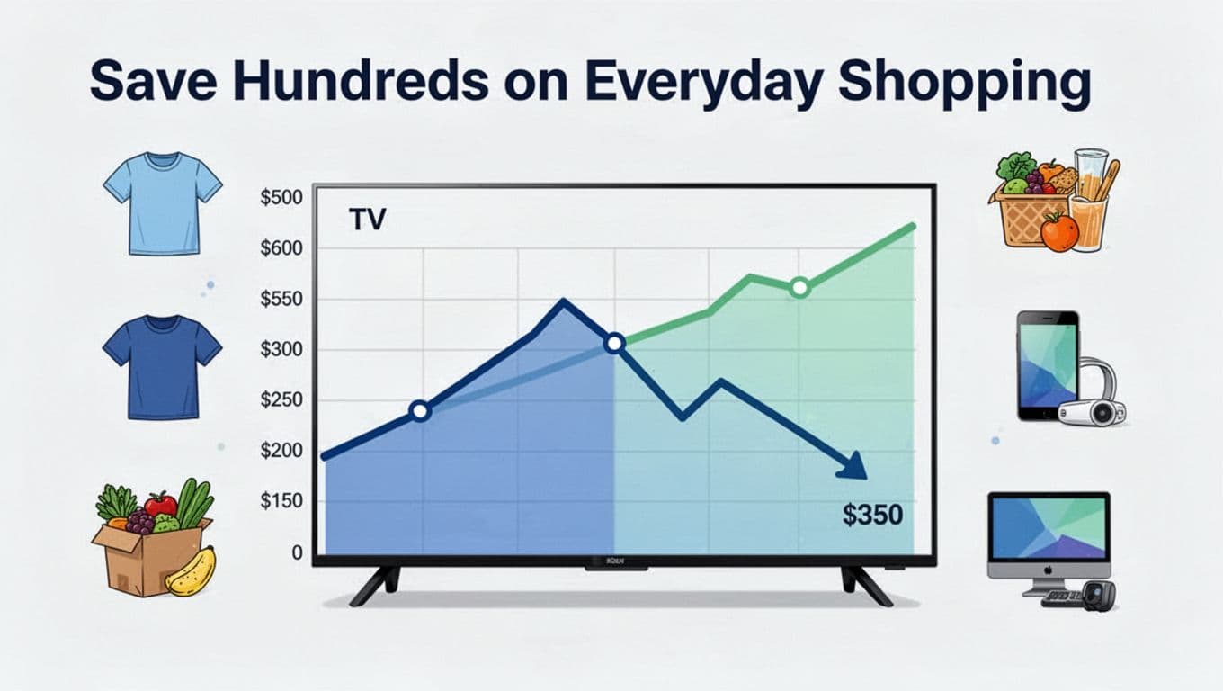 A modern illustration of a price history chart showing a steady drop from $500 to $350 on a TV product, surrounded by icons of clothes, groceries, and electronics. Features clean shapes, blues and greens palette, light background, landscape ratio, no text or people.
