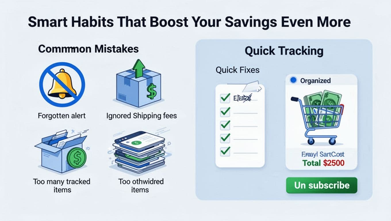 Modern illustration of six icons depicting common price tracking mistakes like forgotten alerts and ignored shipping fees, paired with quick fixes such as checklists and organized shopping carts. Clean blues and greens on light background, landscape composition.