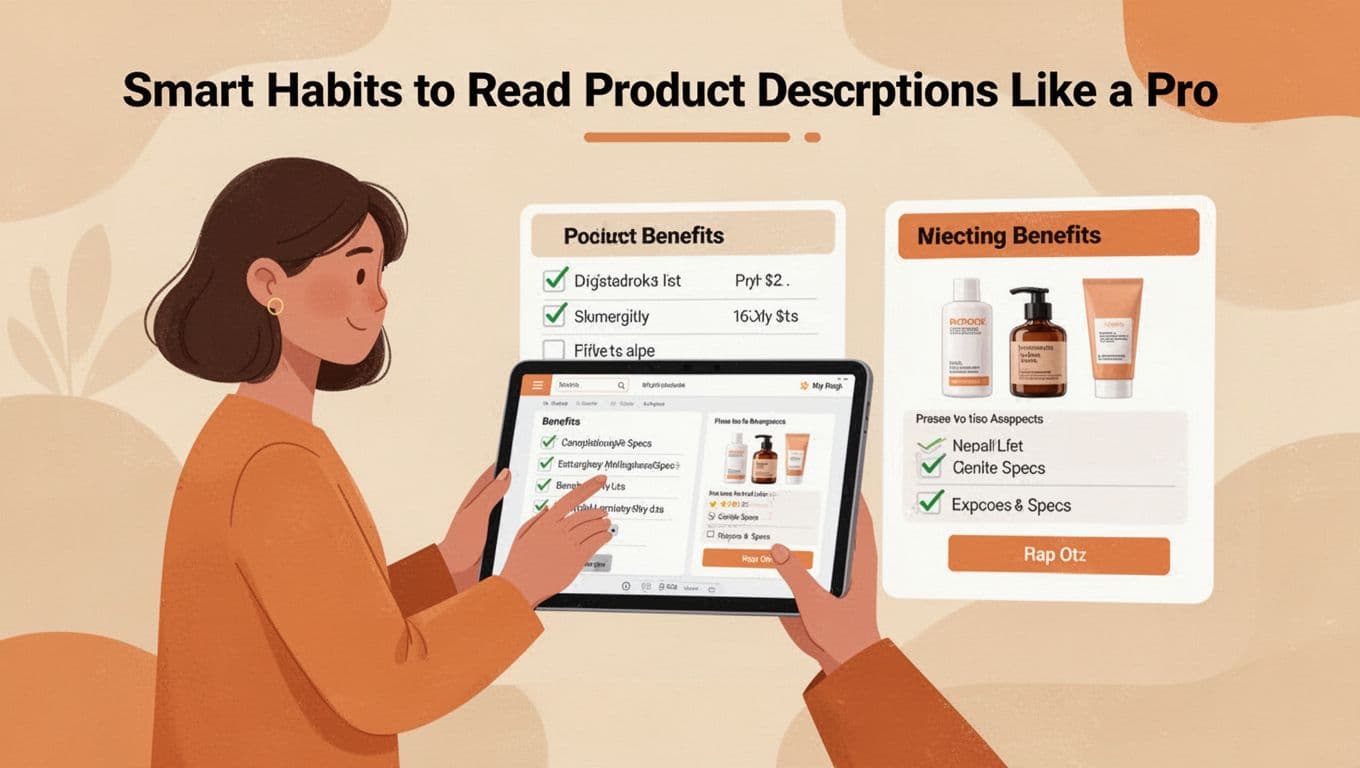 Illustration of a relaxed shopper comparing three product pages side-by-side on a tablet using checklists for benefits and specs, in modern clean style with warm oranges and beiges.