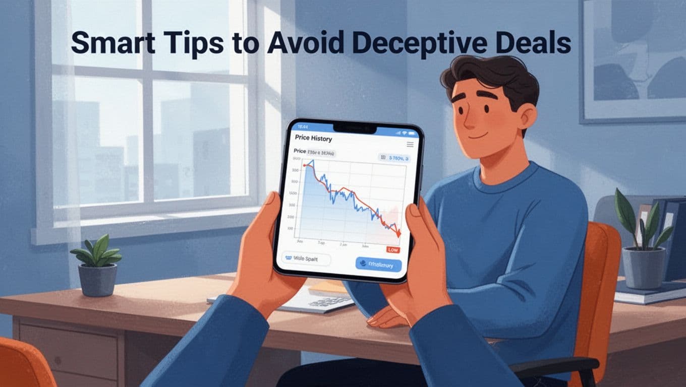 Illustration of one shopper at home desk holding smartphone showing price history chart with recent drop from high to low, in modern style with blue and orange palette.