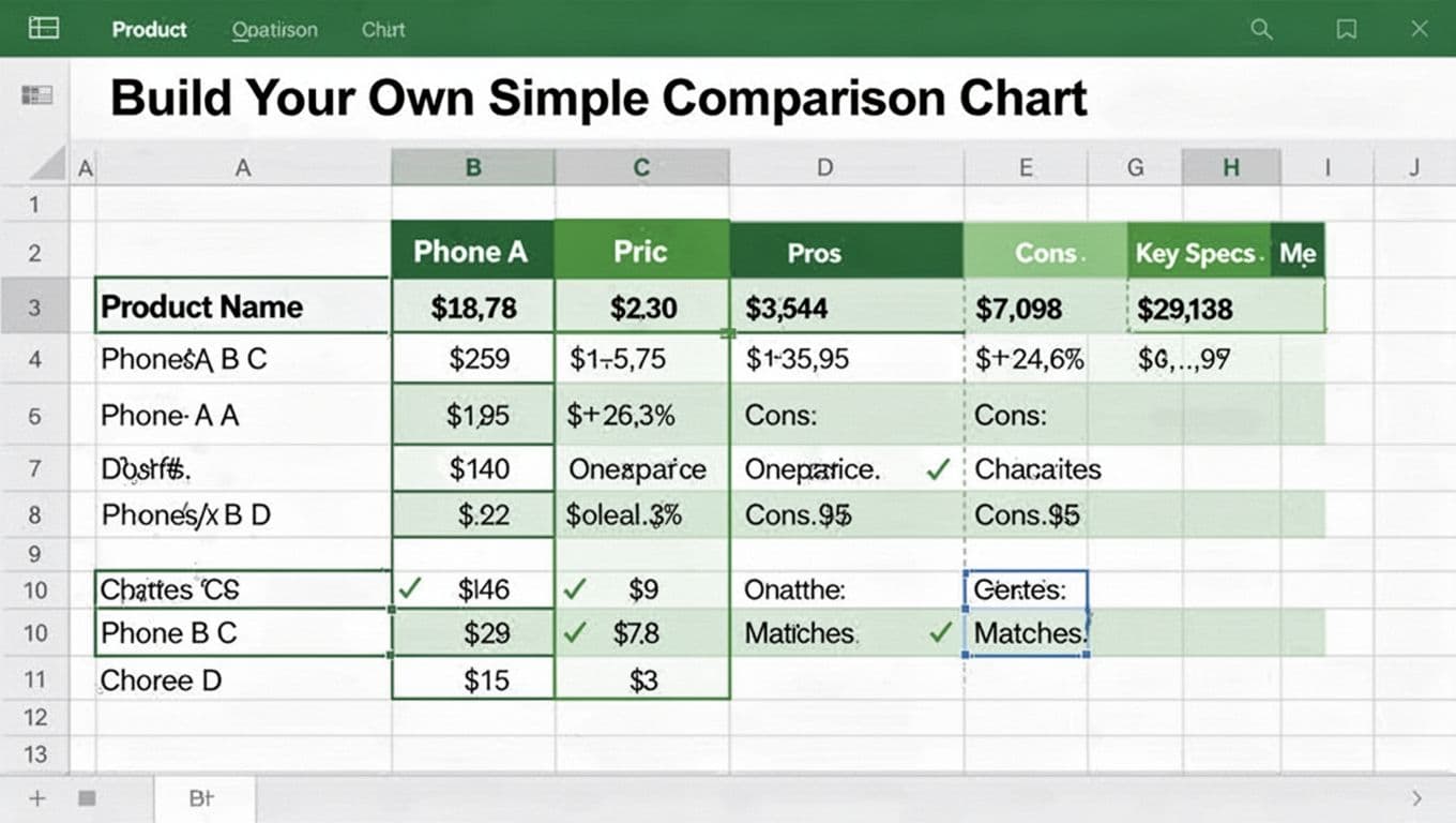 Modern illustration of a digital spreadsheet comparison chart for products like phones, with columns for prices, pros, cons, and specs. Clean green and white palette, angled screen view, flat lighting, no readable text or logos.
