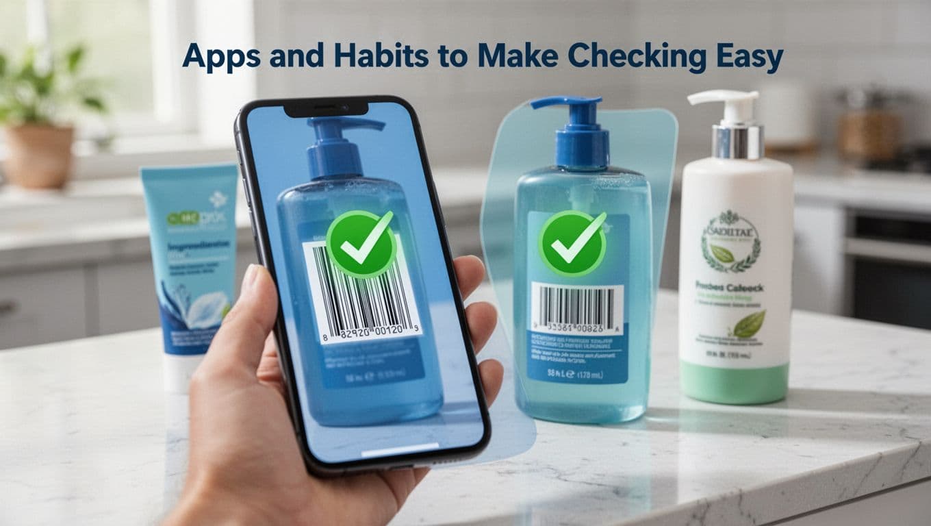 Smartphone held at angle scanning barcode on a cosmetics bottle with green safe checkmark on screen, on a kitchen counter with other products nearby. Modern illustration style with clean shapes, blues and greens palette, focusing on phone and bottle under bright natural lighting.