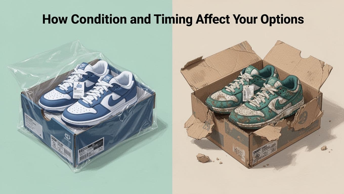 Modern split-composition illustration contrasting pristine new sneakers sealed in original box on the left with slightly worn sneakers in an open, crumpled box on the right, using soft blues, greens, and neutrals to emphasize condition differences for return eligibility.