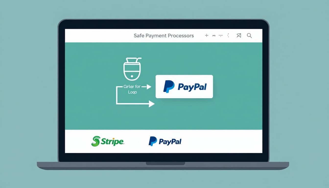 Modern illustration of a laptop screen showing a checkout page with visible Stripe and PayPal logos at the bottom, indicating a secure payment gateway redirect, in muted blues and greens.