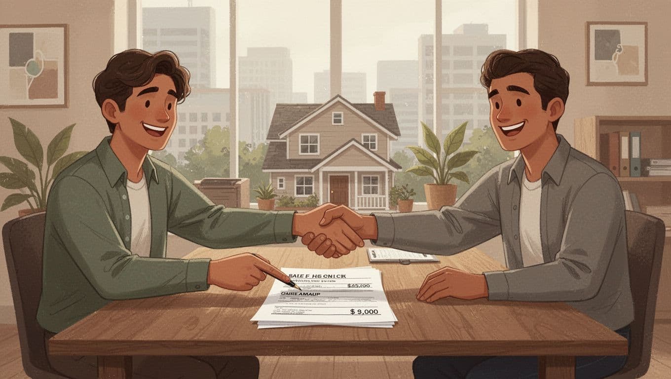 Illustration of two people across a table in a real estate office negotiating a home sale contract, one pointing at the price while the other smiles in agreement leading to a handshake. Modern style with clean shapes, earth tone palette, and warm lighting.