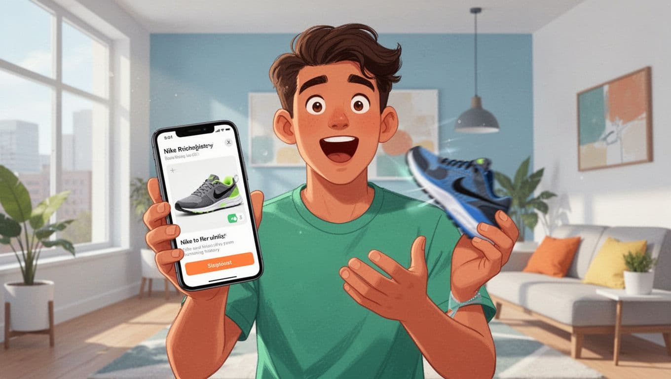 A young adult in a bright modern apartment holds a smartphone showing a blurred personalized Nike shoe recommendation based on running history, with a surprised happy expression and wide smile.