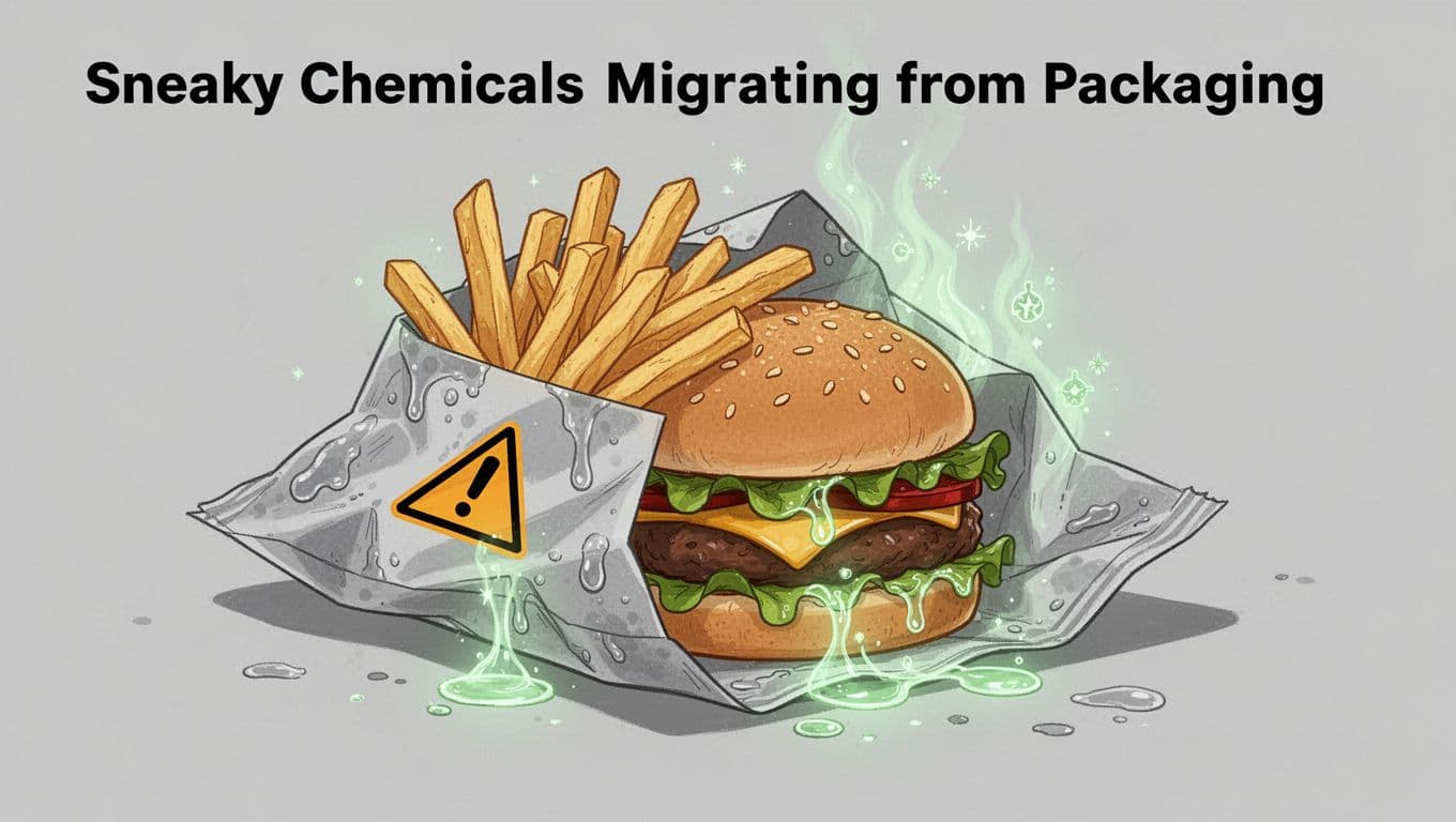 Modern illustration showing a greasy takeout wrapper holding a burger and french fries with subtle glowing toxins leaching from the wrapper into the food, creating a warning atmosphere.