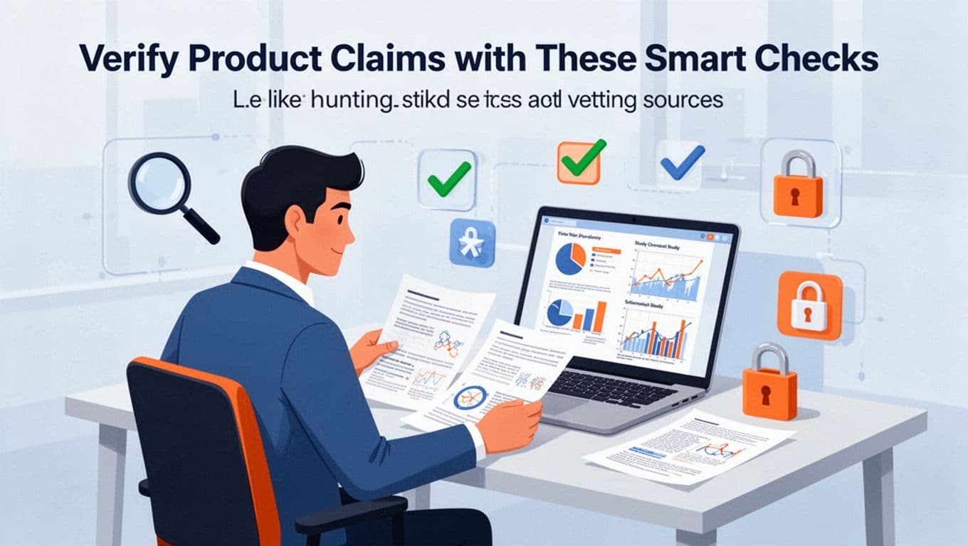 Modern flat illustration of a person at a desk reviewing printed scientific papers and a laptop displaying charts and graphs, surrounded by verification icons like magnifying glass, checkmarks, and locks in a blues and oranges palette.