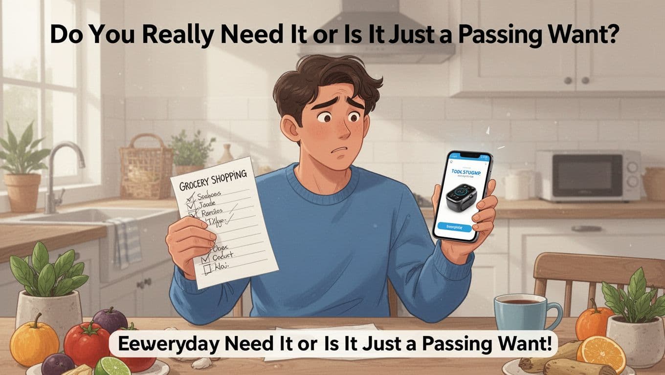 Illustration of a young adult at a cozy kitchen table holding a grocery list while puzzled by a phone gadget ad, torn between practical needs and impulsive wants.